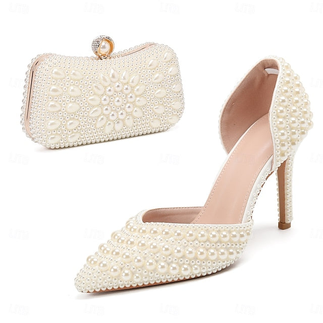 Clutch and Set – Heels Stiletto Pearl White Women's Bag
