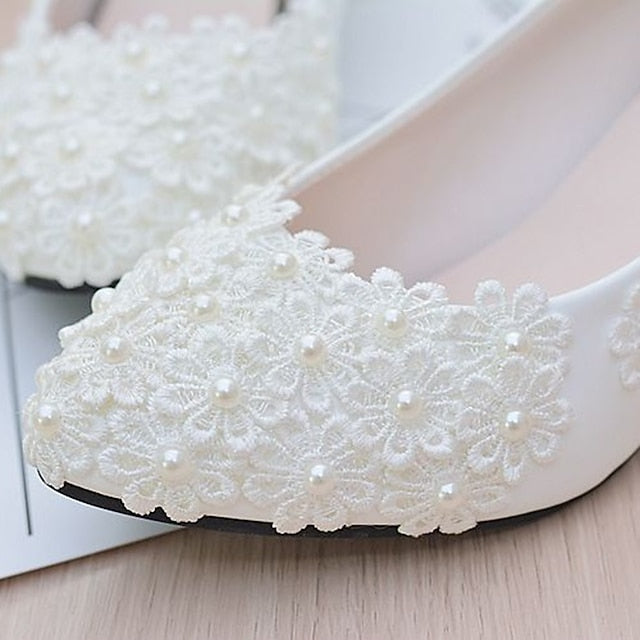 White Heels – Decorated Women's Wedding Lace Floral Pearl