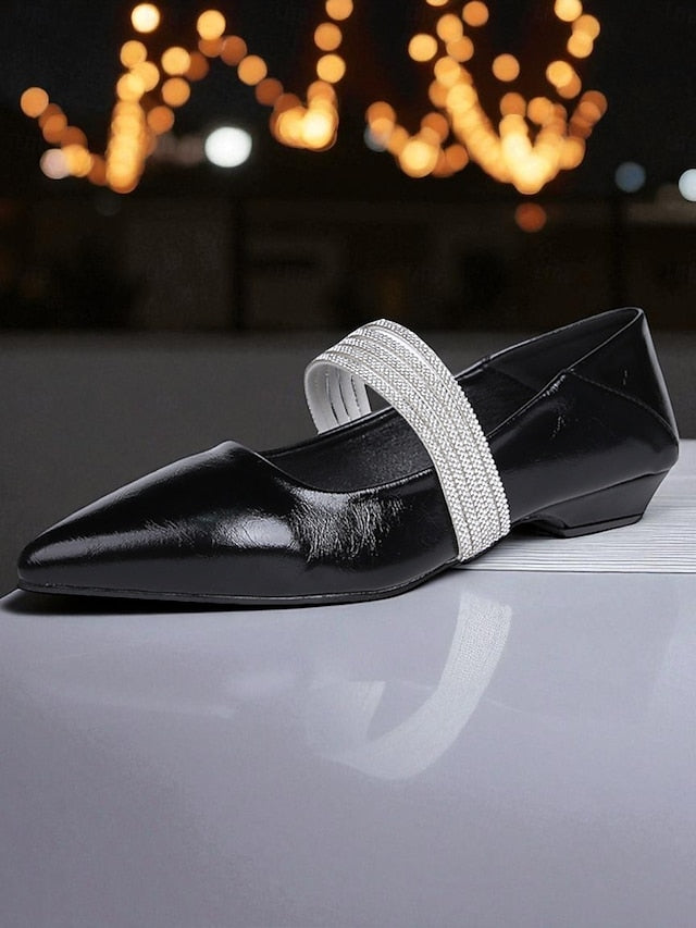 Women's Black Flats Patent Toe Elegant Pointed - Leather