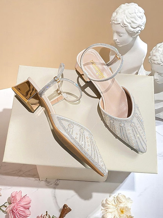 and Pointed Ivory with Toe Pearl Women's Block Heels