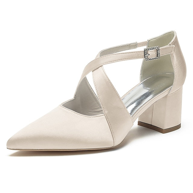Block Pointed Toe Women's – Satin Elegant Heels White