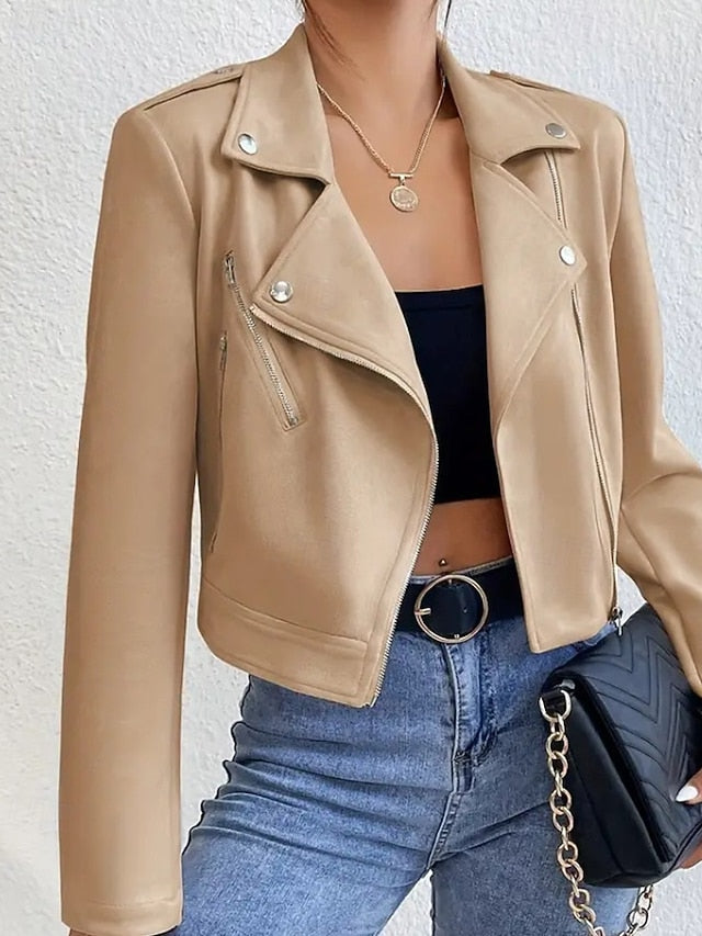 Comfortable Jacket Faux Pocket Women's Leather Zipper