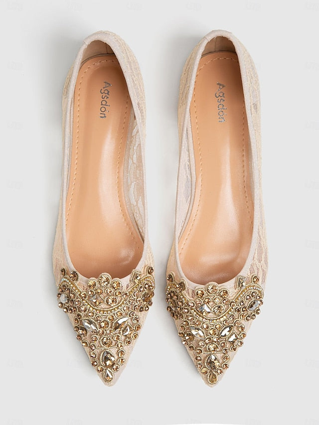 Lace Beige Flats Elegant Ballet with Women's Ornate