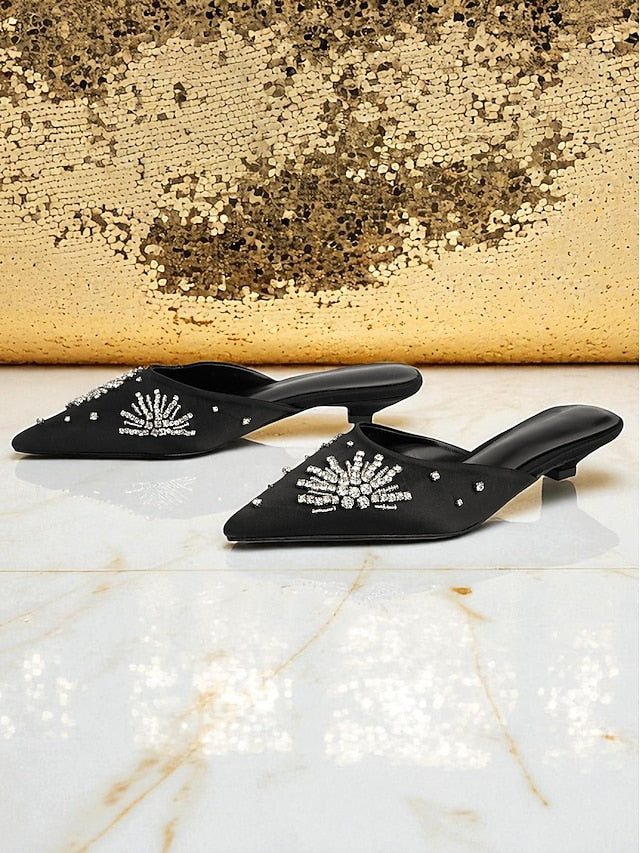 with Women's Mules Rhinestone Toe Pointed Satin Black