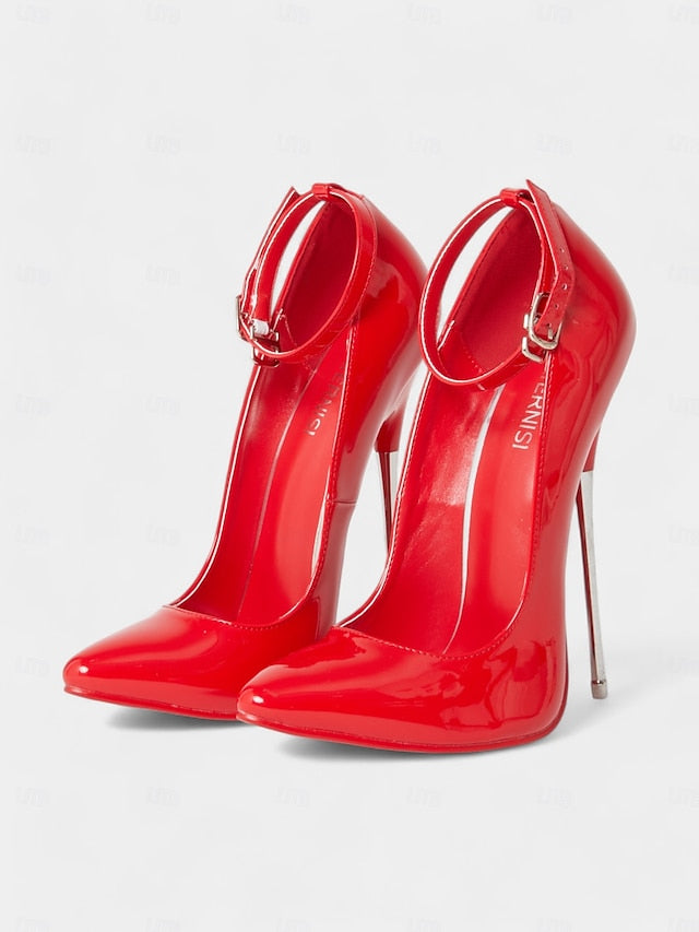Ankle Stiletto Strap Red Heels Leather Women's with Patent