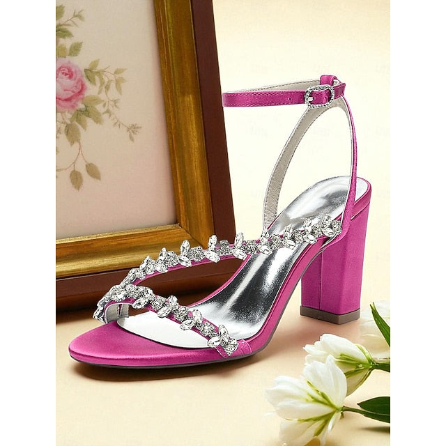 - Rhinestone Heel Block Sandals Women's Straps White with