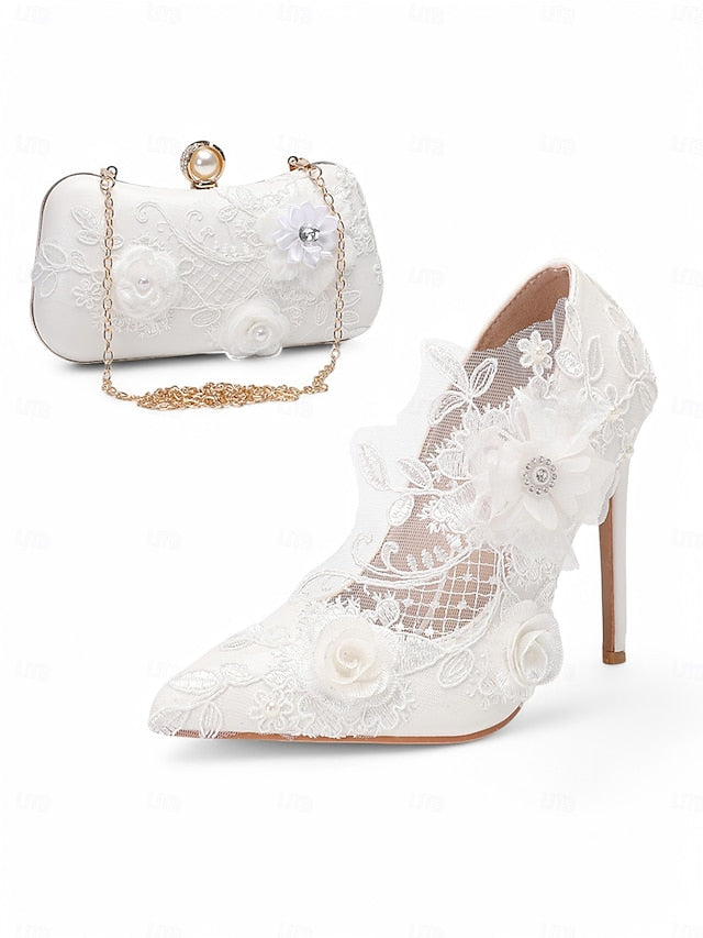 Wedding Shoes White Lace Embellishments with Floral