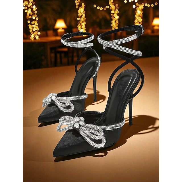 and Heels Rhinestone Bow Stiletto with Satin Women's Black