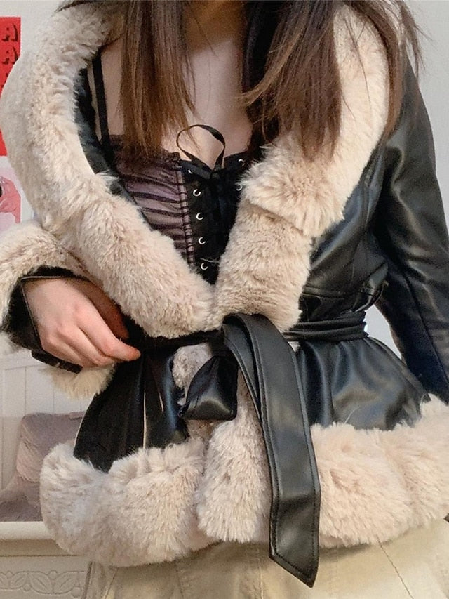 Leather Faux Women's Fur Breathable Collar Warm Jacket