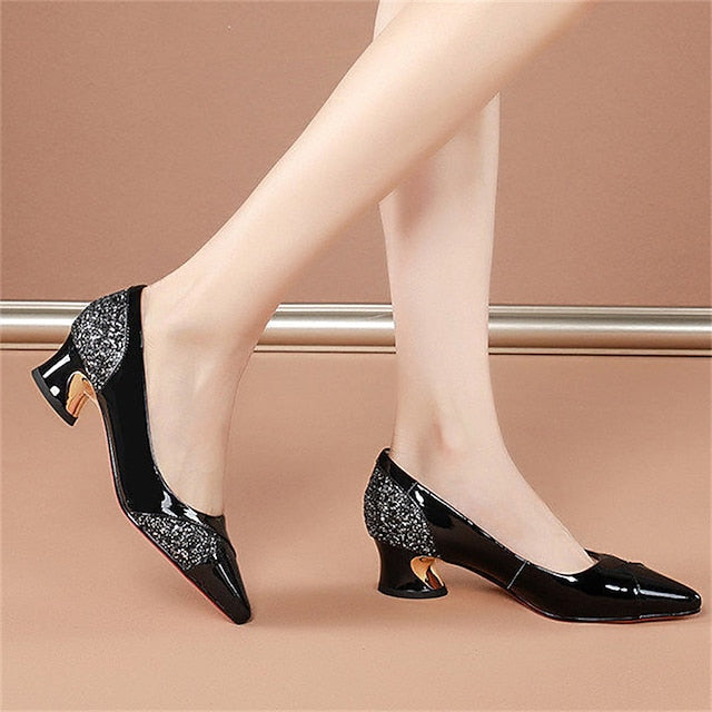 Patent Women's Heels Block Leather Faux Glitter-Accented