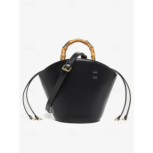 Bamboo with Leather Bag Handle Women's Bucket Brown