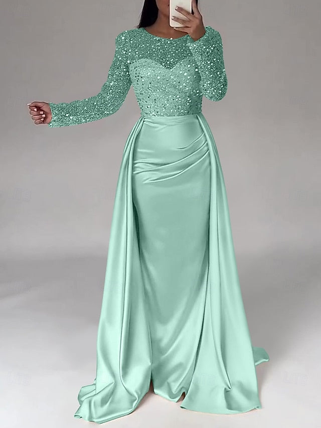 Evening Long Dress Gown Mermaid RuchedSatin Sleeves Sequin