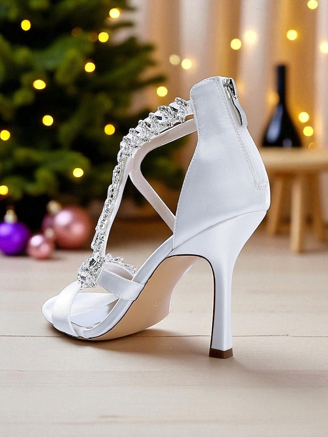 Strappy Rhinestone White Heel Sandals - High Women's