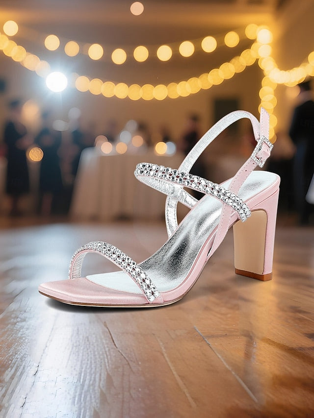 Sandals Prom White Block Rhinestone Women's Bridal – Heel