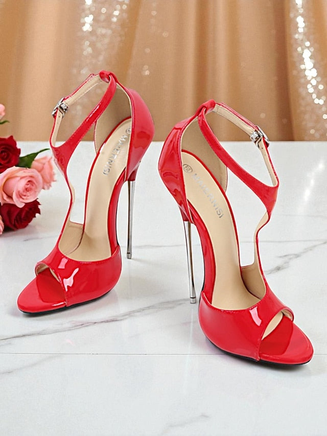Women's Stiletto - Heels Red Open Leather Patent Strappy
