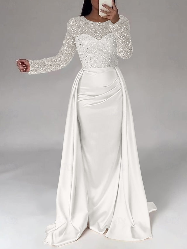 Evening Long Dress Gown Mermaid RuchedSatin Sleeves Sequin