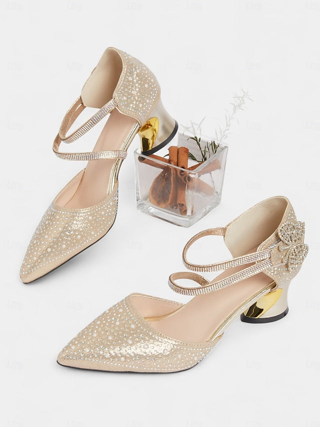 Glitter Ankle Women's Low Rhinestone Strap Heel Pointed Toe