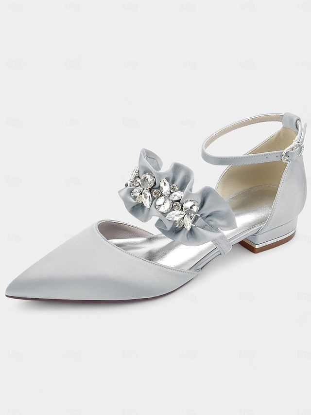 Black Rhinestone Flats Pointed-Toe Satin Women's with