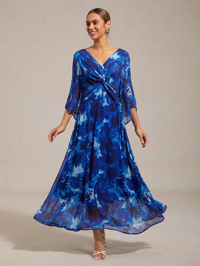 Abstract Floral V Neck Knot Front Flared Sleeve Maxi Dress