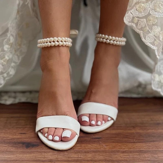 Heels Wedding Pearl Anklet Satin and Block Sandals - White with