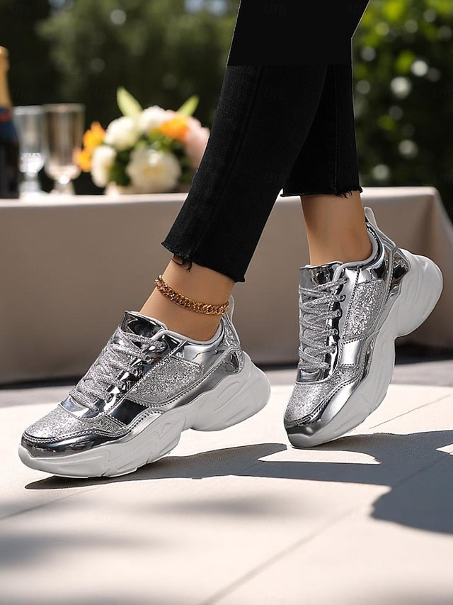 with Glitter Sneakers Platform Metallic Chunky Women's