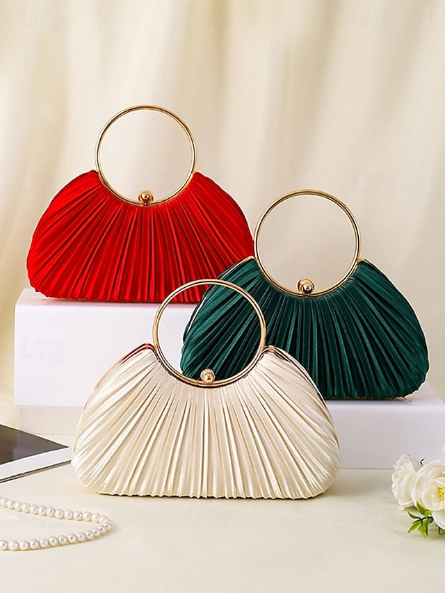 with - Elegant Handle Clutch Ring Green Gold Pleated Velvet