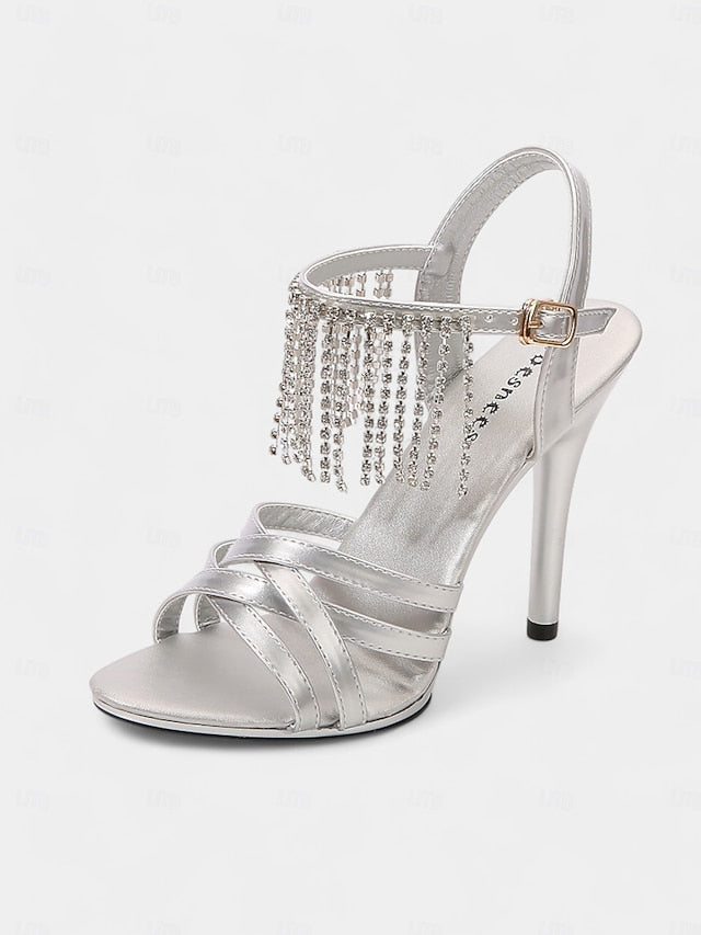 Leather Patent Stiletto Women's Rhinestone with Sandals Red