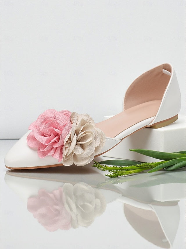 and Flower Wedding Women's Beige with White Flats Pink