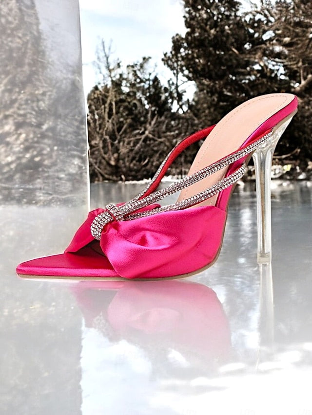 Pink Rhinestone Heeled Hot Satin Bow Women's – Sandals