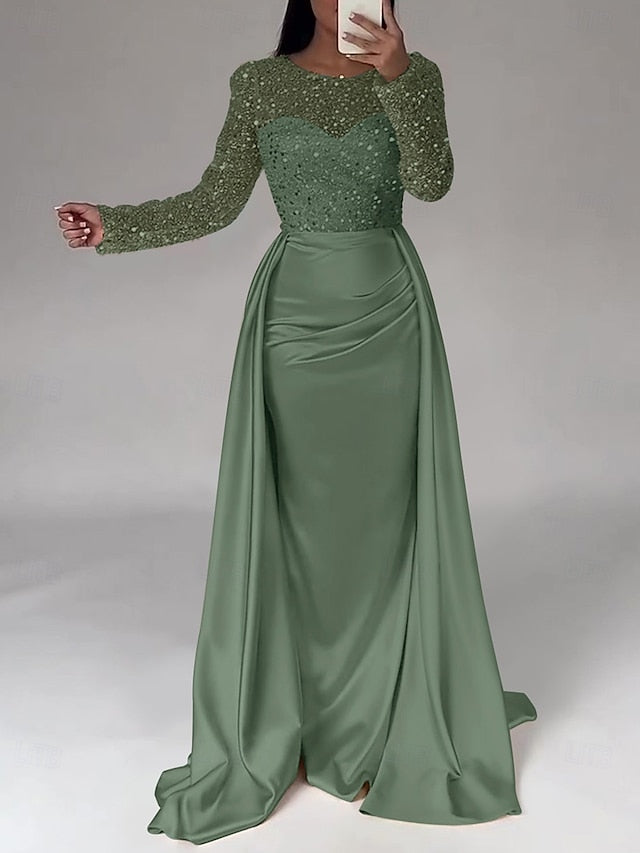 Evening Long Dress Gown Mermaid RuchedSatin Sleeves Sequin