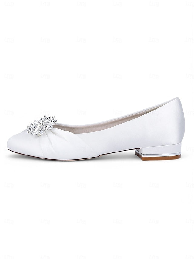 Elegant Crystal Flats White Satin – Wedding Women's