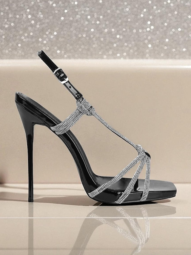 with Toe Women's Square Rhinestone Strappy Heels Stiletto