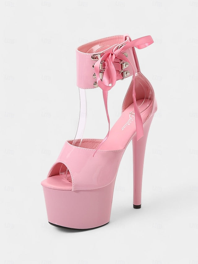 Straps Black Leather Ankle Lace-Up with Patent Sandals Platform