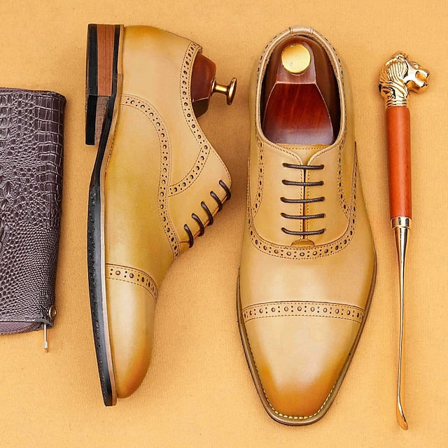 Leather Wingtip Genuine Light Brown Oxford Shoes with Men's