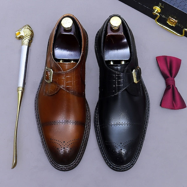 Genuine Leather Strap Black First Dress Monk Men's Shoes-