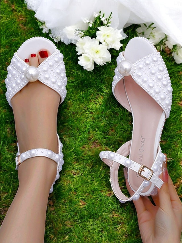– Heel Women's Sandals Low White Pearl-Embellished