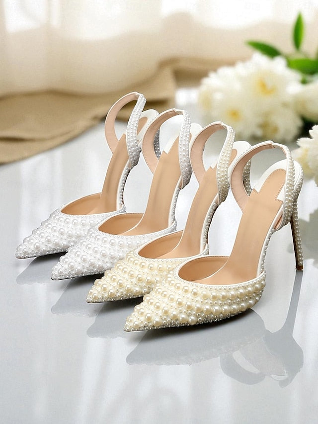 Pearl-Embellished Women's Leather Heels White - Slingback