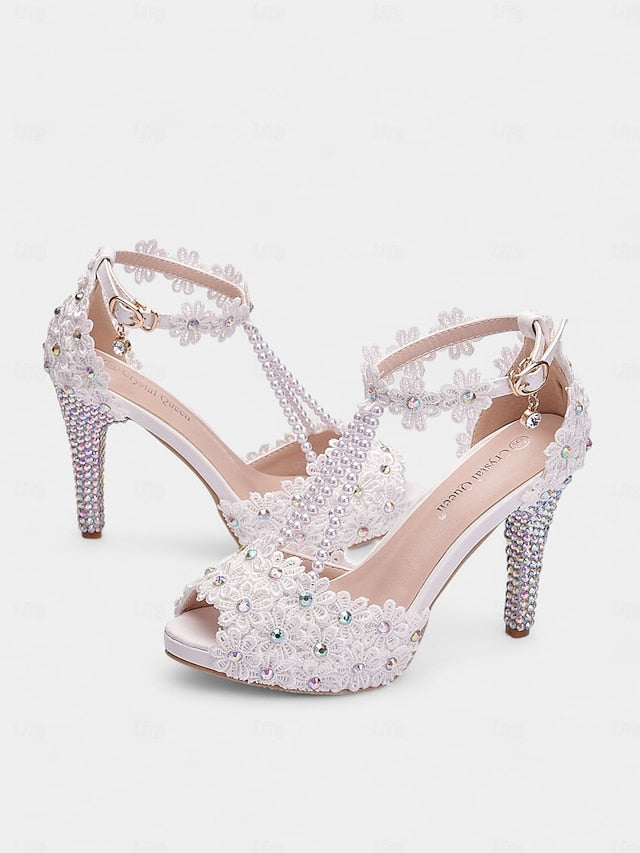 Sandals - Lace Pearl-Decorated Bridal T-Strap White Floral