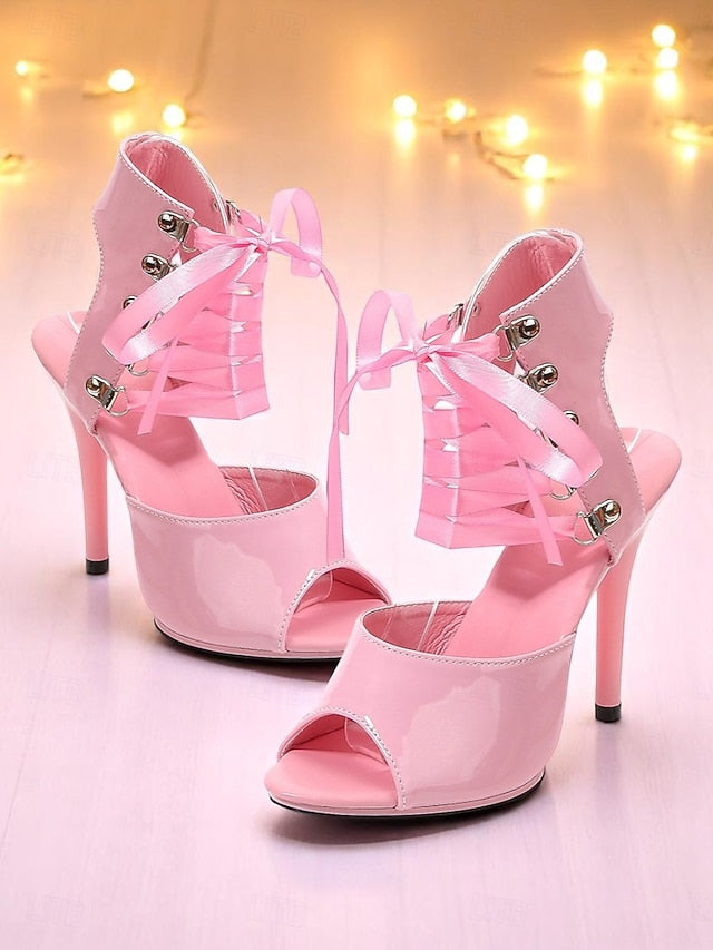 Black Patent Lace-Up Cutout Women's Sandals Sexy Stiletto -