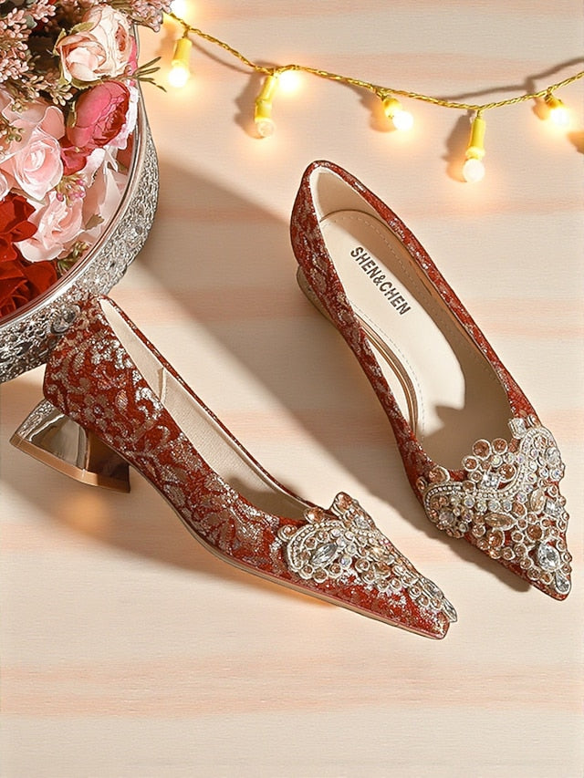Embellished Pointed-Toe Women's Red Rhinestone Flats
