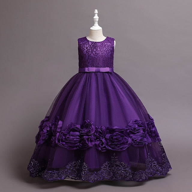 A Girls' Plain Kids Little Line Floral Dress Party