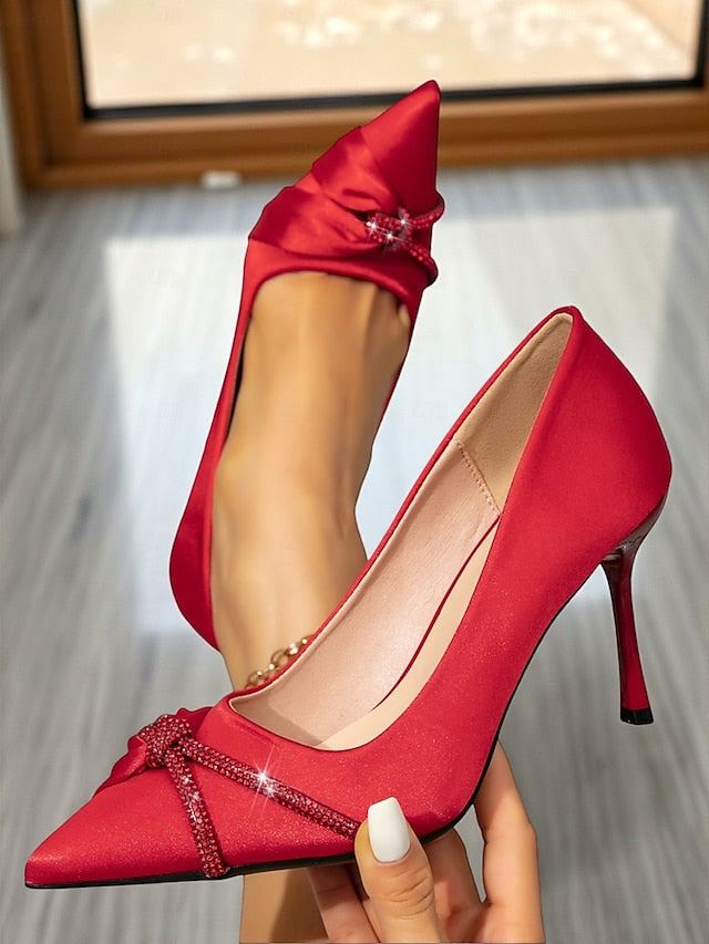 Pointed Women's Heels Red Toe Satin with Stiletto