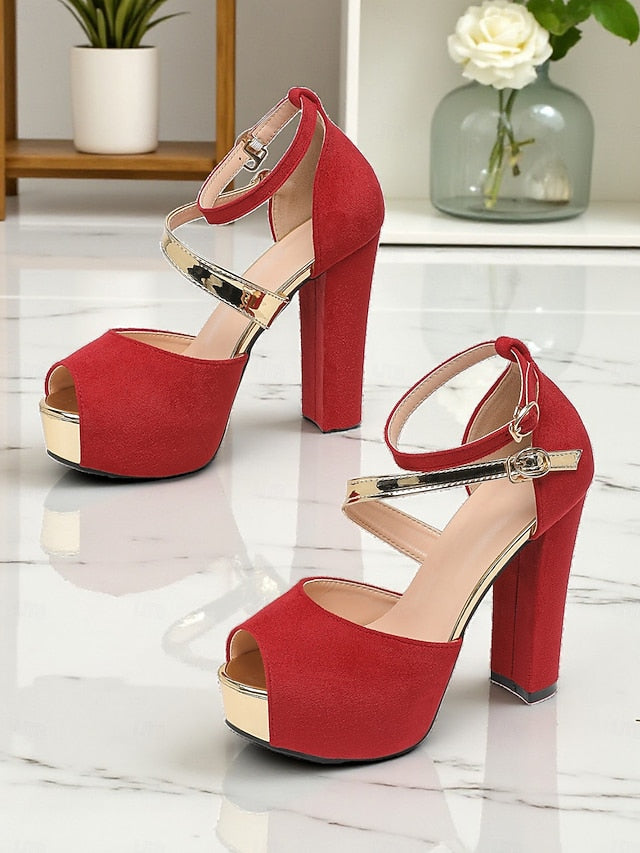 Toe Heel Suede Red Block Sandals Peep Women's Platform -