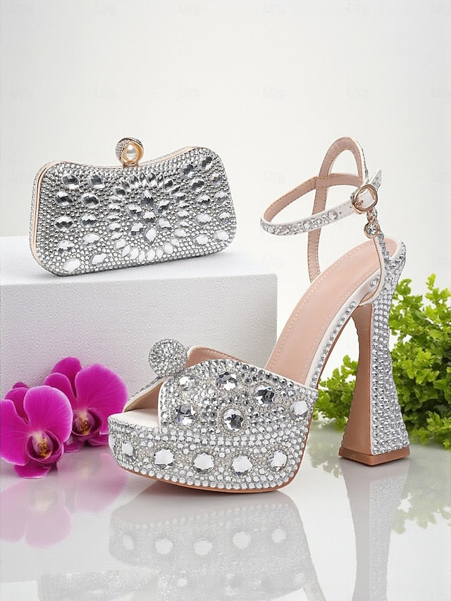 Heel Women's High with Rhinestone Platform Matching Sandals