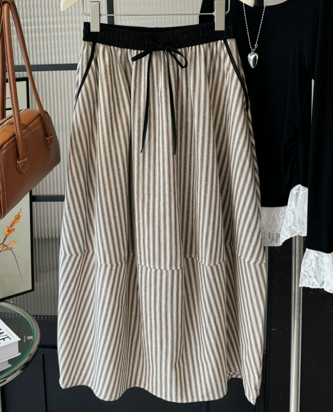 Casual Striped Elastic Waist Flared Long Skirt with Side Pockets QS109