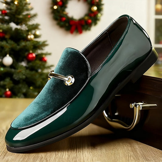 Loops Green Loafers Decorative with Men's Faux Leather Gold
