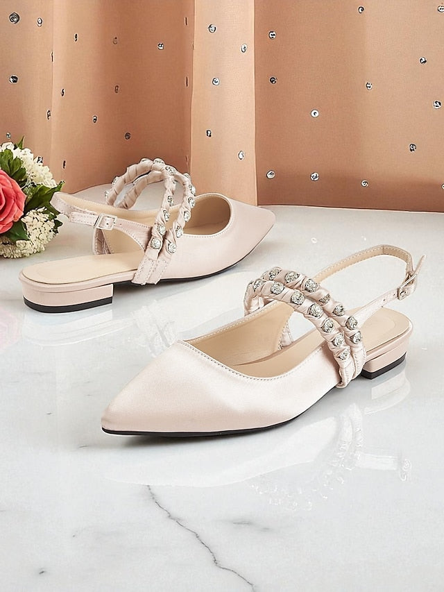 Toe Flats Satin - Women's Rhinestone Slingback Pointed