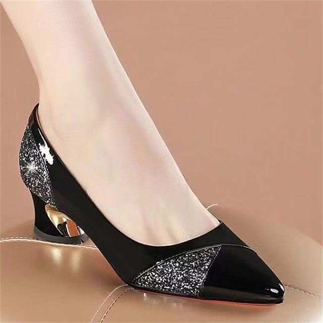 Patent Women's Heels Block Leather Faux Glitter-Accented