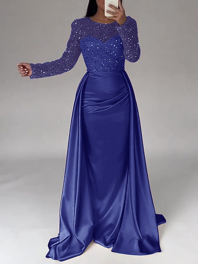 Evening Long Dress Gown Mermaid RuchedSatin Sleeves Sequin