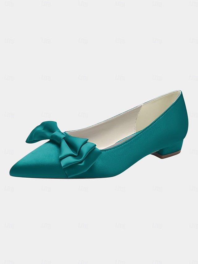 Satin Toe Pointed Green Bow Elegant - Women's Flats